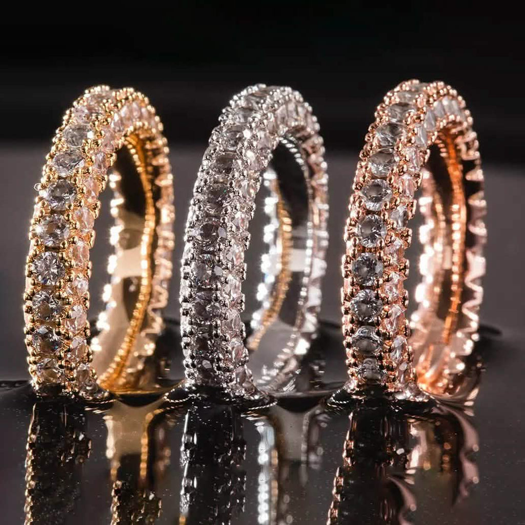 18K Gold and Italian Cut Crystal 3 Row Eternity Ring
