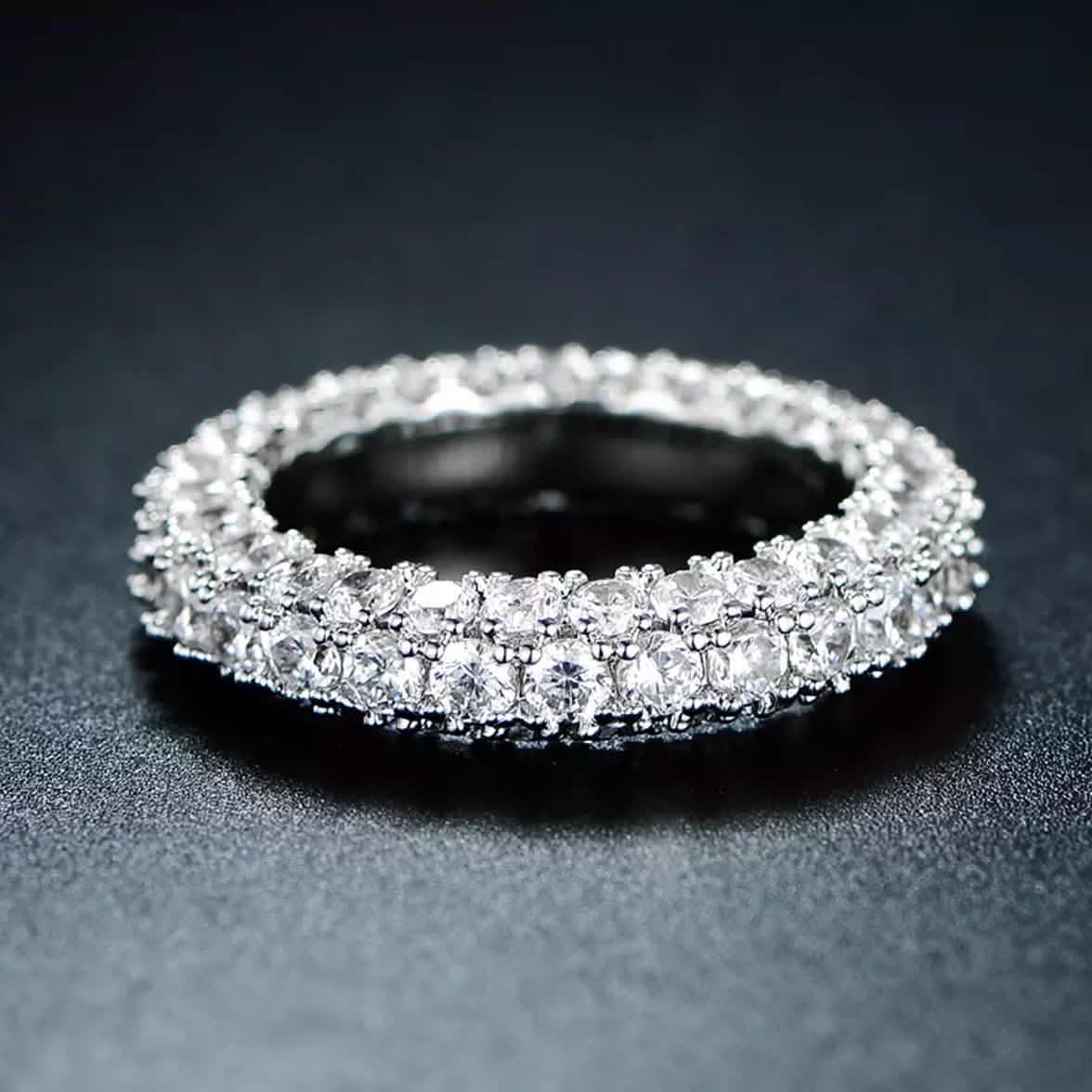 18K Gold and Italian Cut Crystal 3 Row Eternity Ring