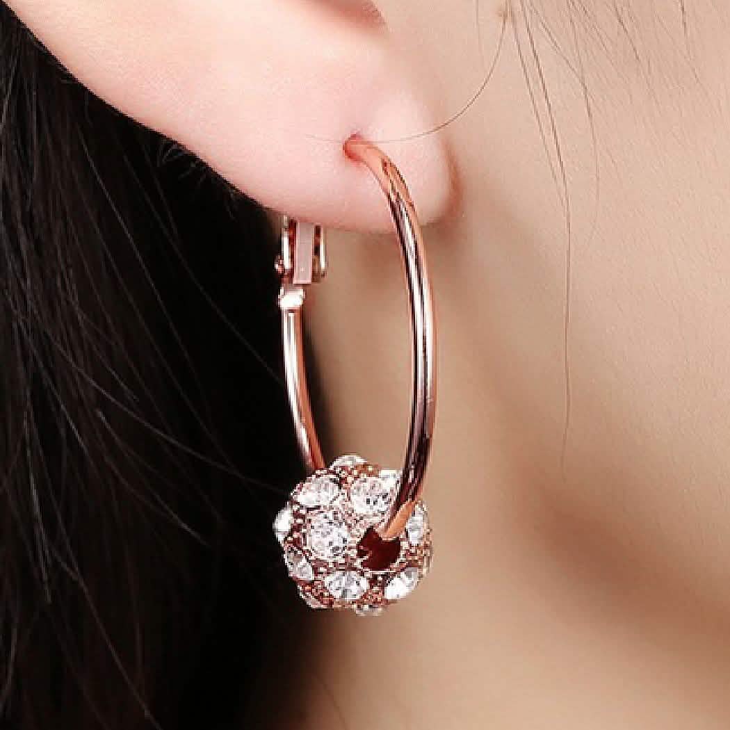 18K Gold Plated Pave Ball Hoop Earring Swarovski Crystals