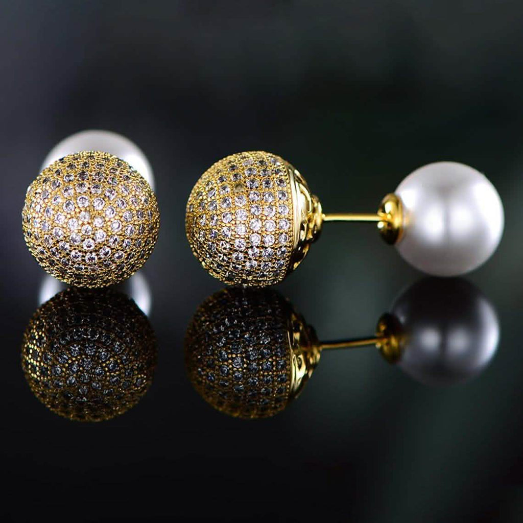 18K Gold Plated Pearl and Swarovski Crystal Ball Front-Back Earrings