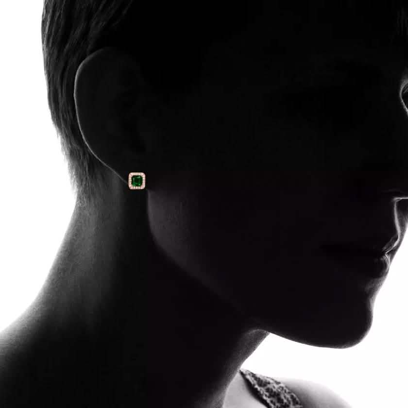 18K Rose Gold Over Sterling Silver Created Green Emerald Halo Studs by MUIBLU Gems