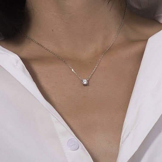 18K White Gold Dainty Round Cut Solitaire Necklace