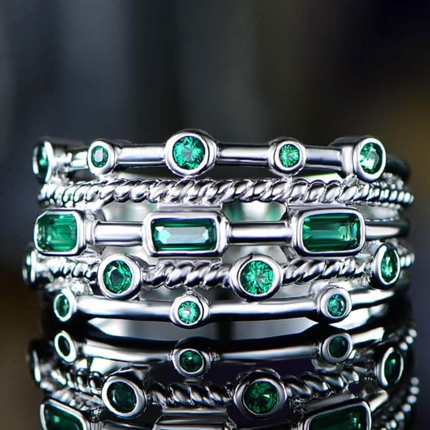 18K White Gold Plated 5 Layer Green Emerald Ring