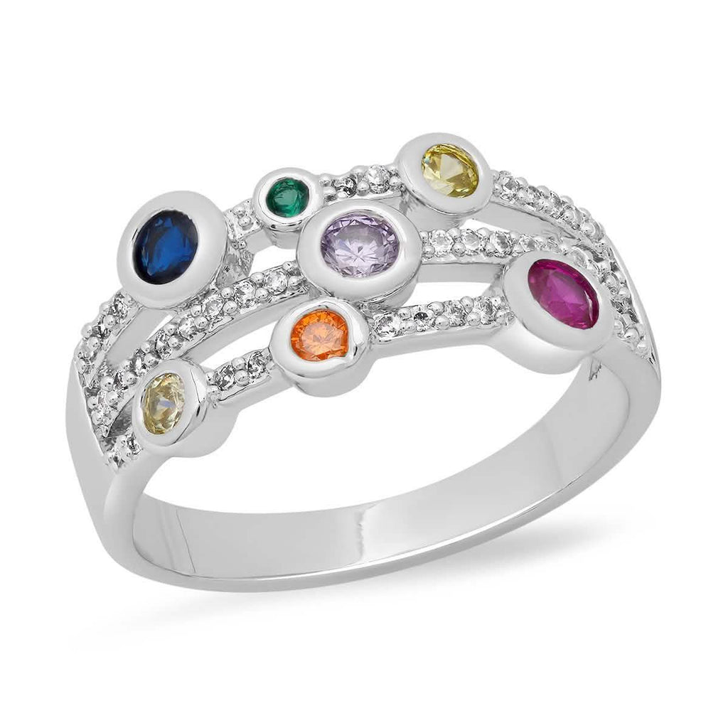 18K White Gold Plated Brass Multi Row Simulated Multi Colored Diamond Ring