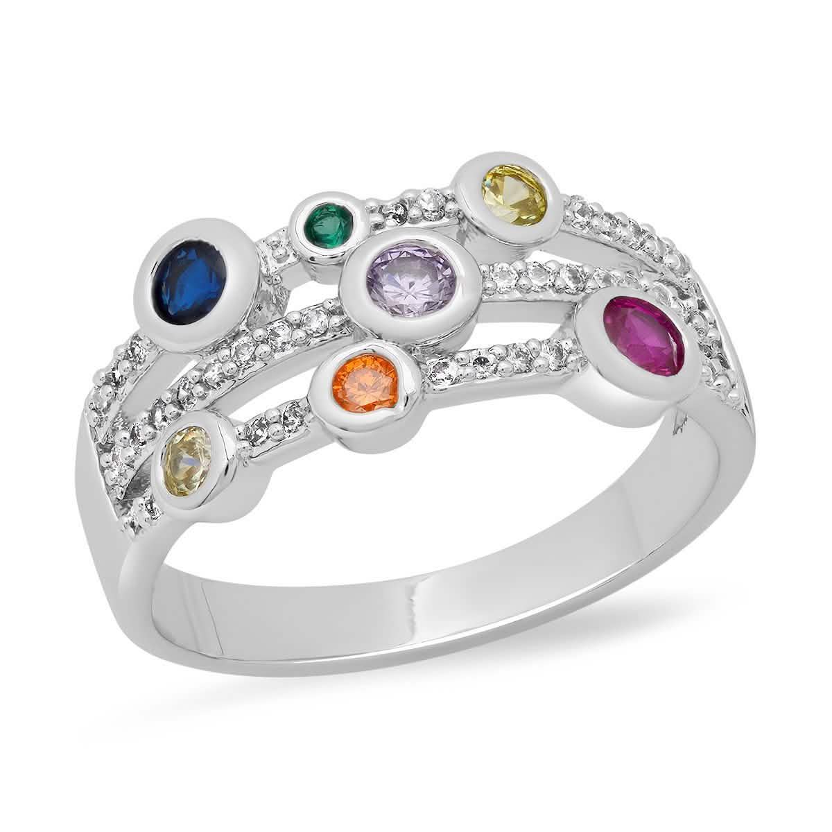 18K White Gold Plated Brass Multi Row Simulated Multi Colored Diamond Ring
