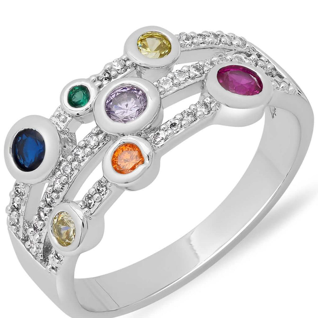 18K White Gold Plated Brass Multi Row Simulated Multi Colored Diamond Ring
