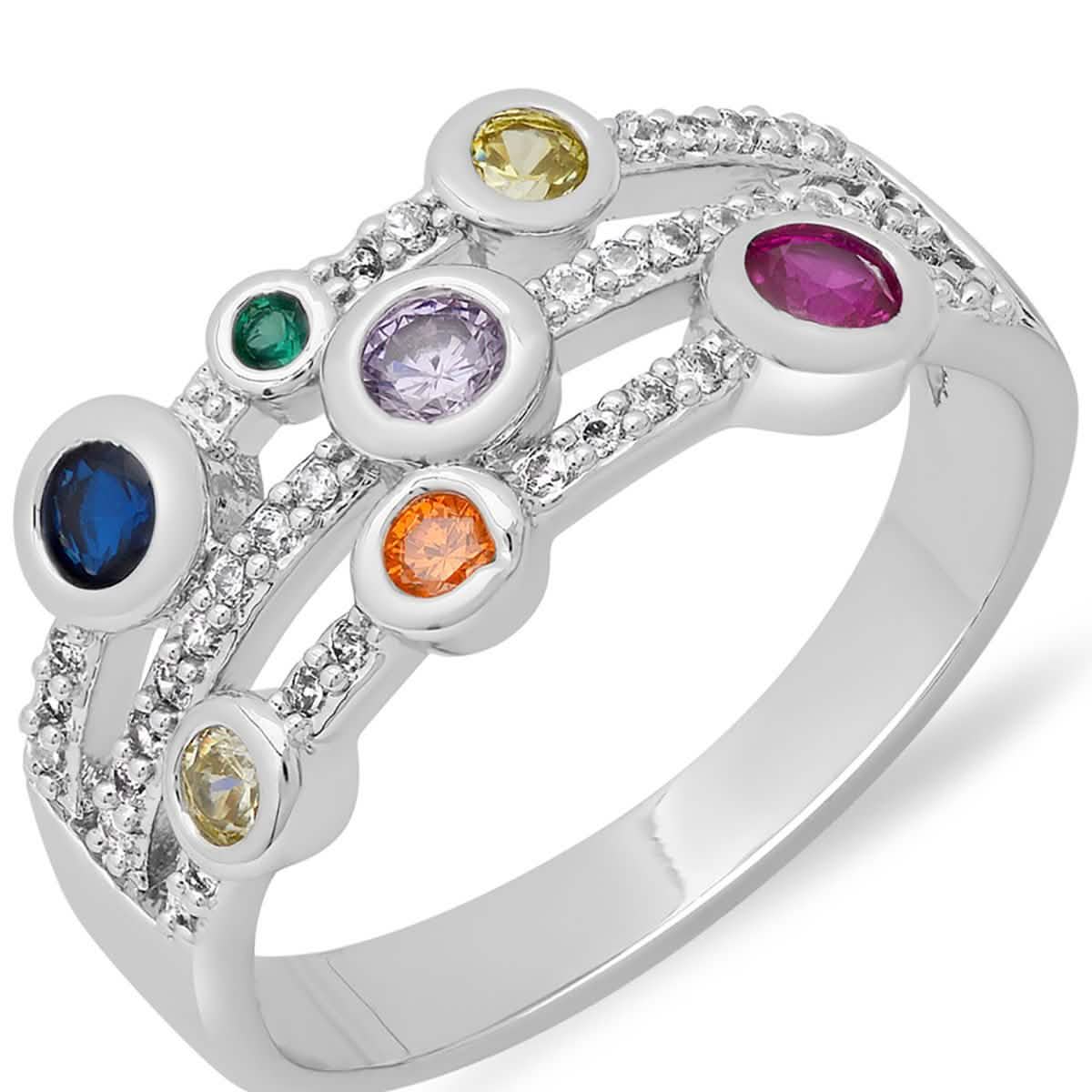 18K White Gold Plated Brass Multi Row Simulated Multi Colored Diamond Ring