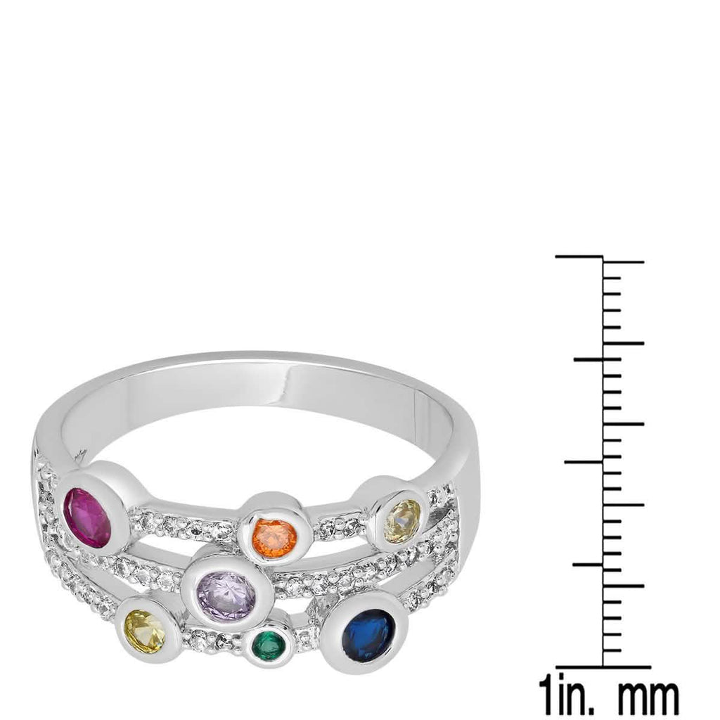 18K White Gold Plated Brass Multi Row Simulated Multi Colored Diamond Ring