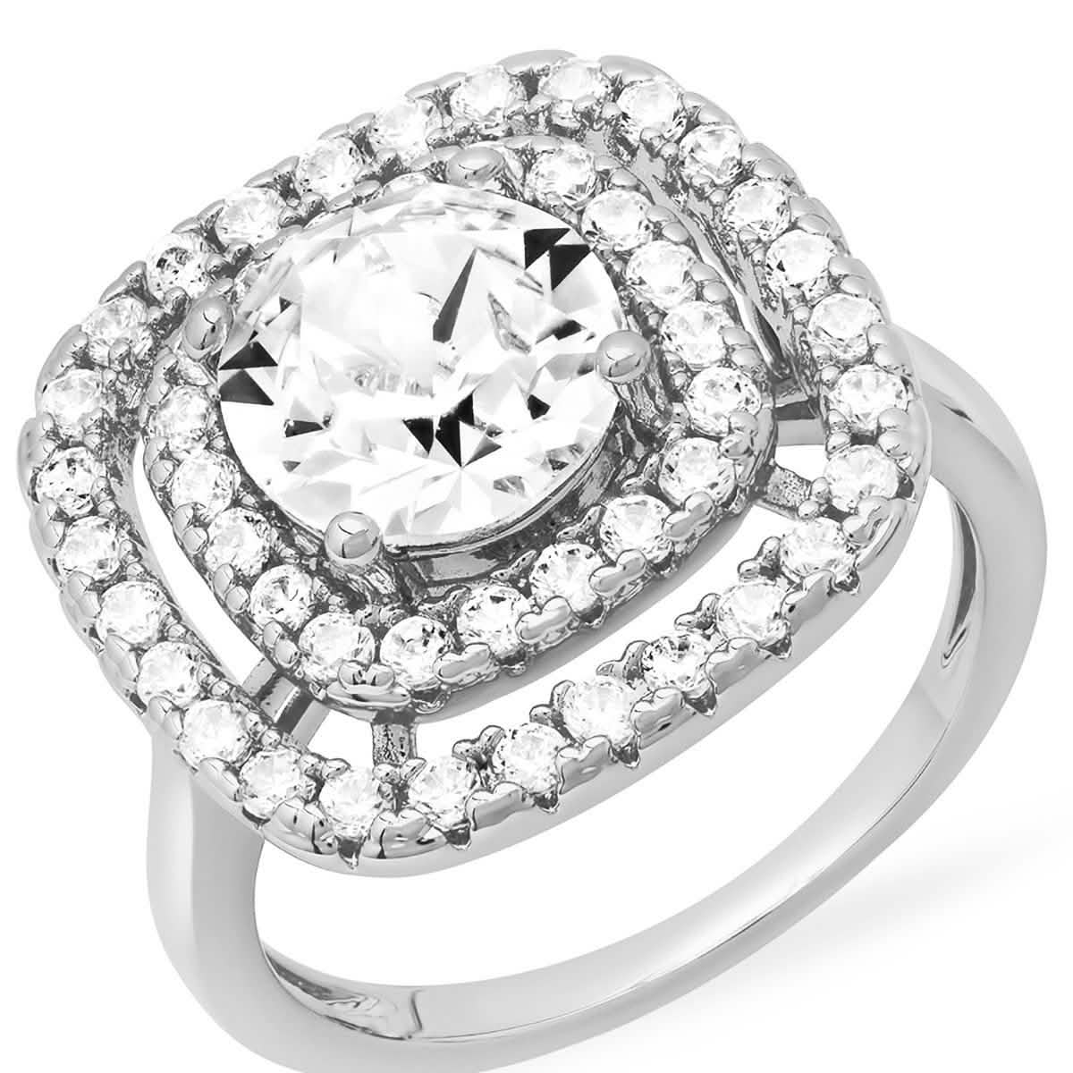 18K White Gold Plated Brass Square Engagement Ring Adorned with Swarovski Crystals