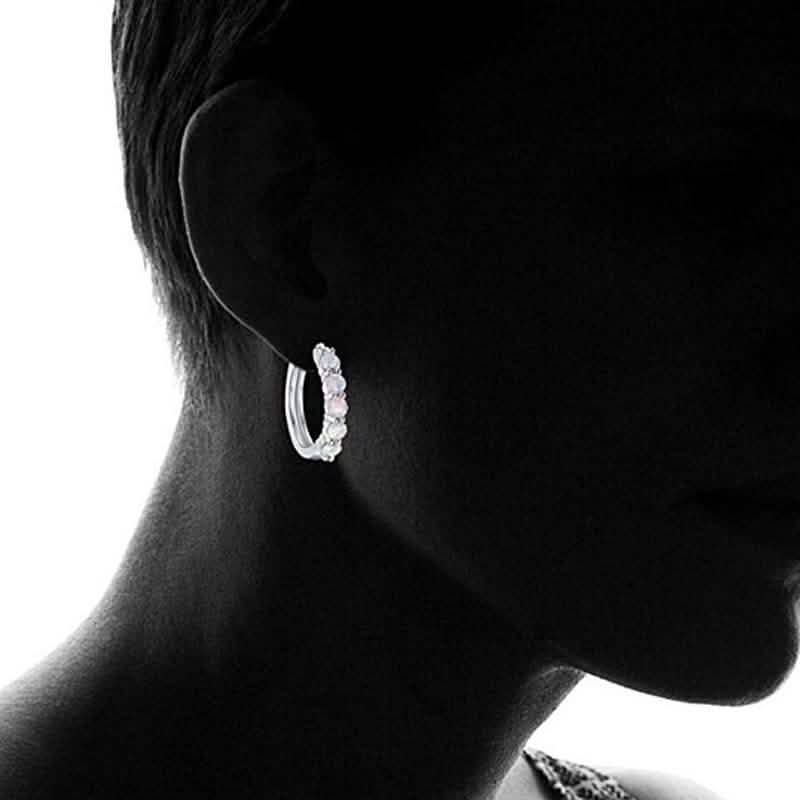 18K White Gold Plated Created Round Opal Hoop Earrings