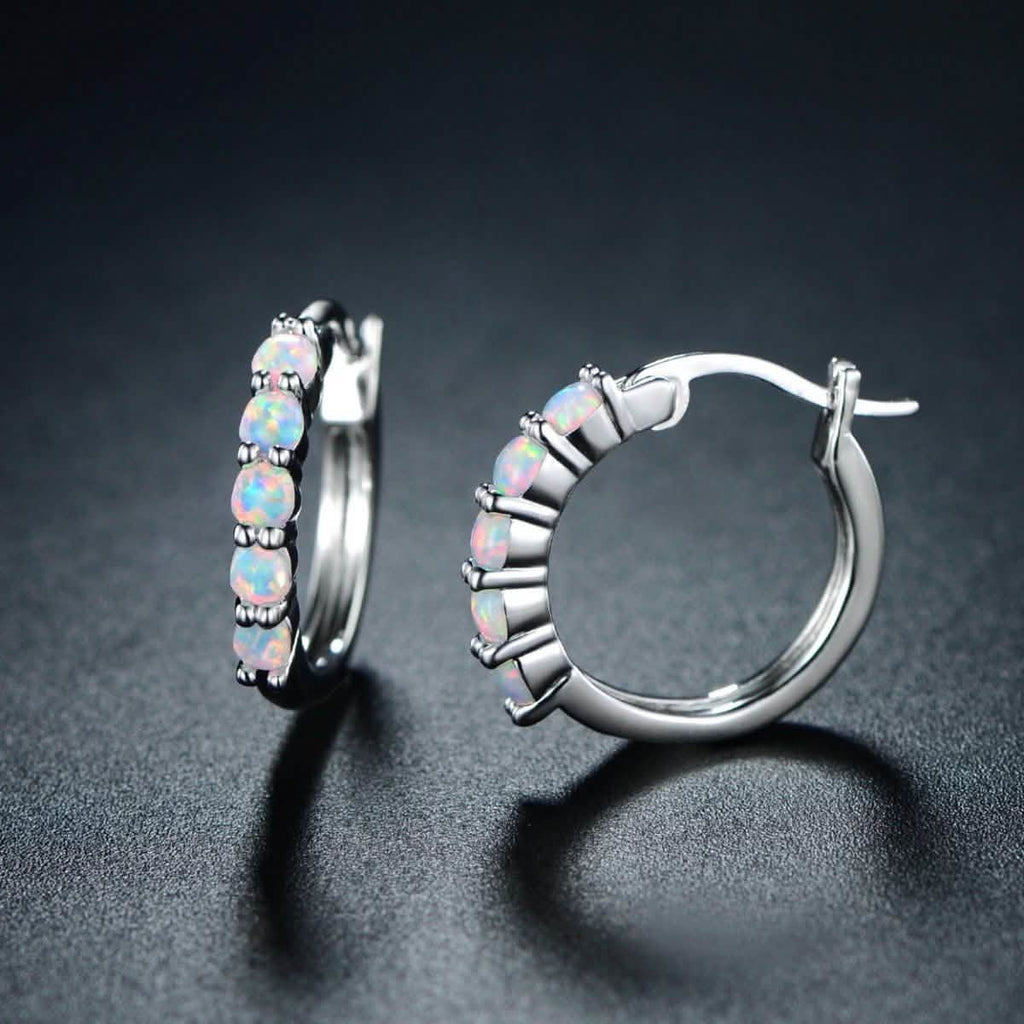 18K White Gold Plated Created Round Opal Hoop Earrings