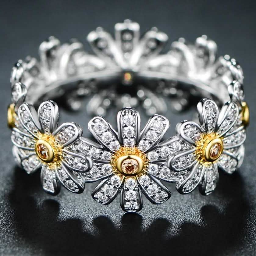 18K White Gold Plated Floral Sunflower Ring Made with Swarovski Crystals