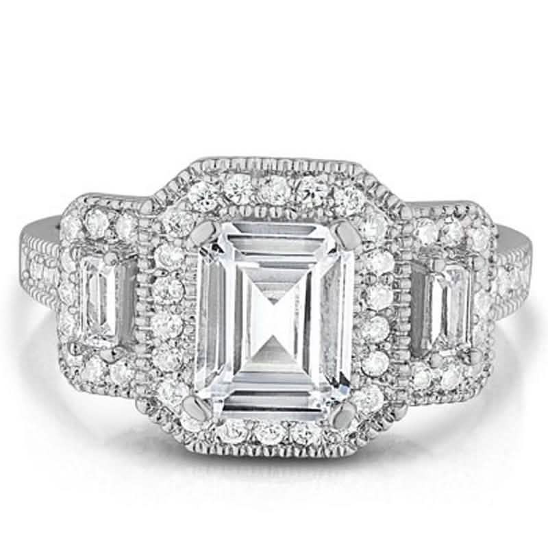 18k White Gold Tri Stone Emerald Cut Cubic Zirconia Ring
