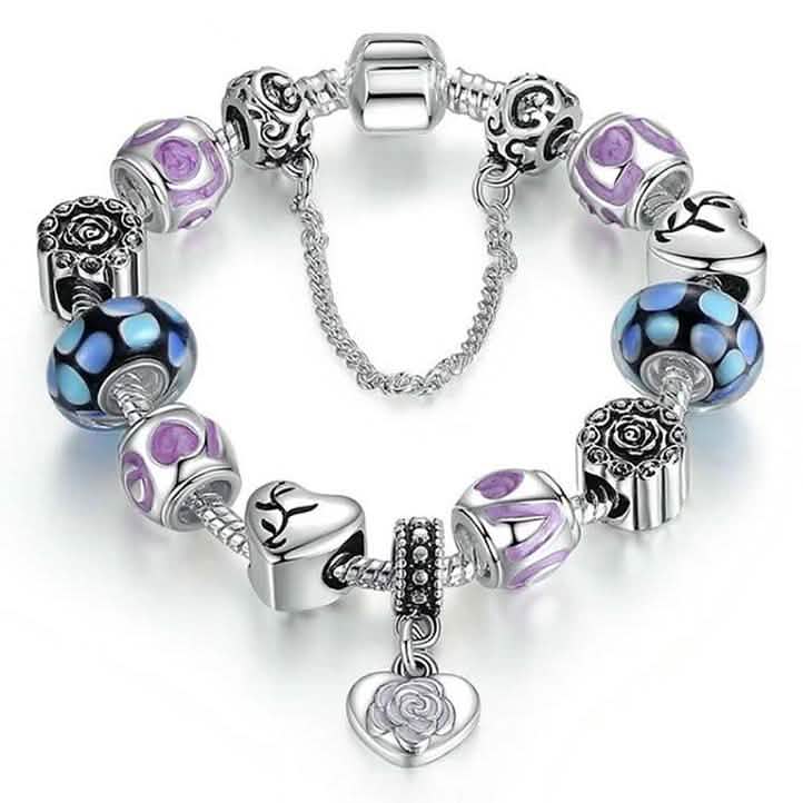 18kt White Gold Plated Murano Glass And Heart Charm Bracelet