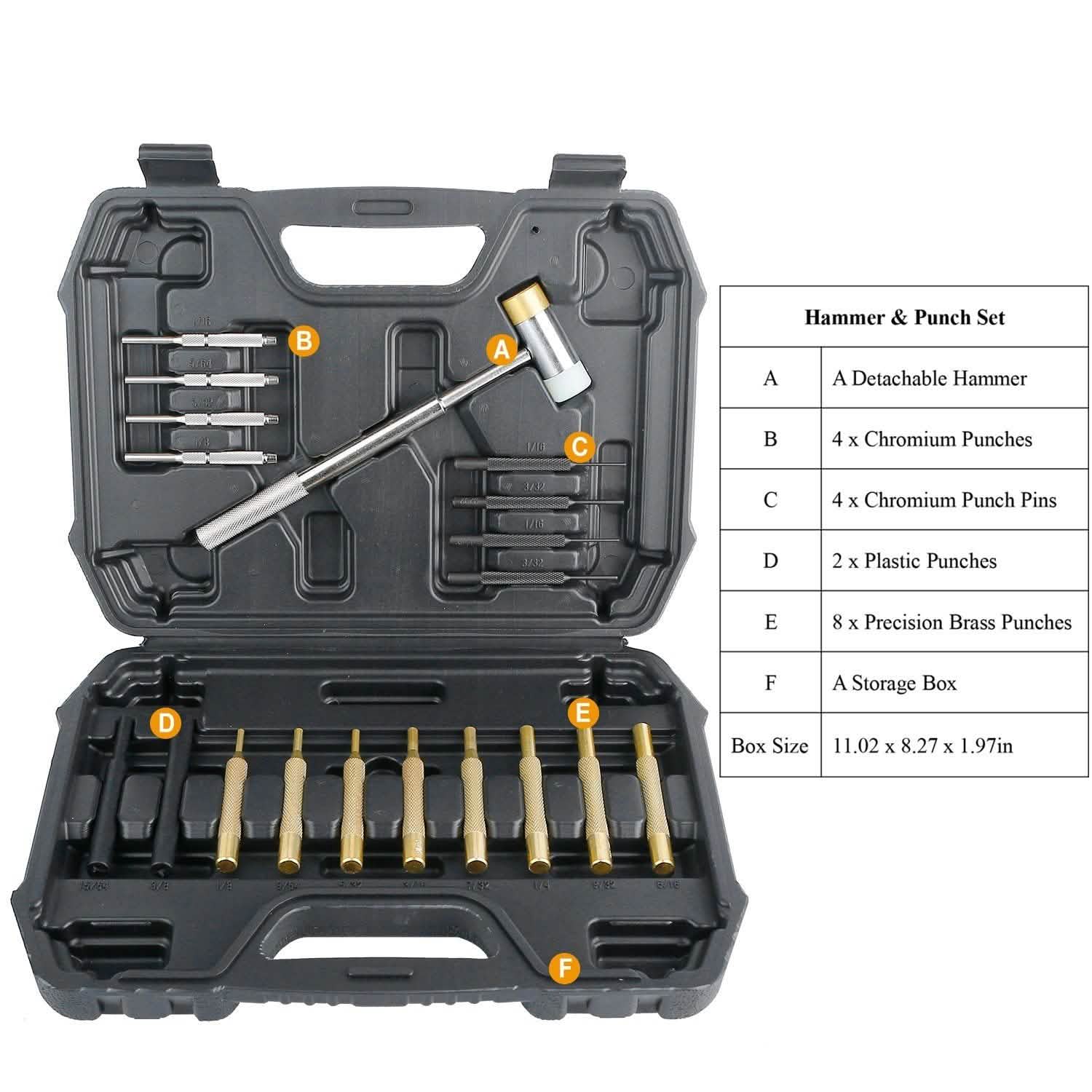 19-Piece: Hammer Punch Set Drift Pin Punch Kit with Portable Storage Box