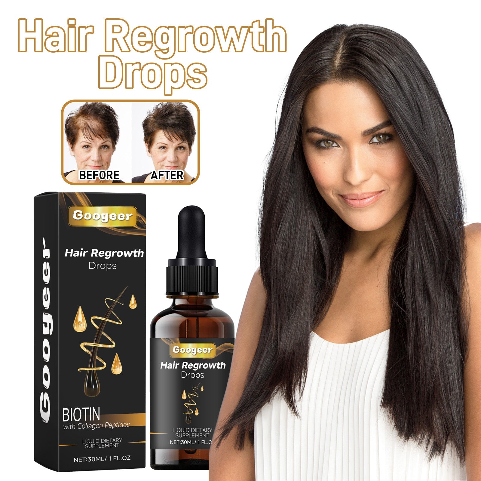 Googeer Hair Regrowth Drops, Repair Dry Hair Smooth Hair Solid Hair Thick Prevent Hair Loss