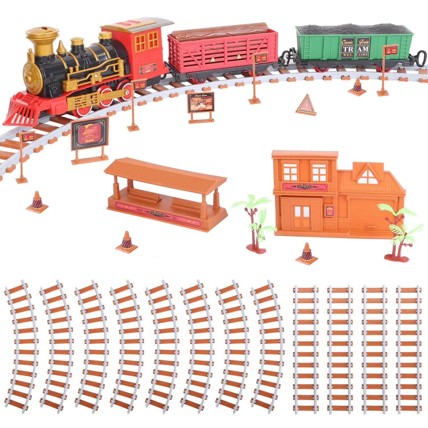 193-Piece: Electric Train Set Steam Locomotive Passenger Coach Coal Car Christmas Train