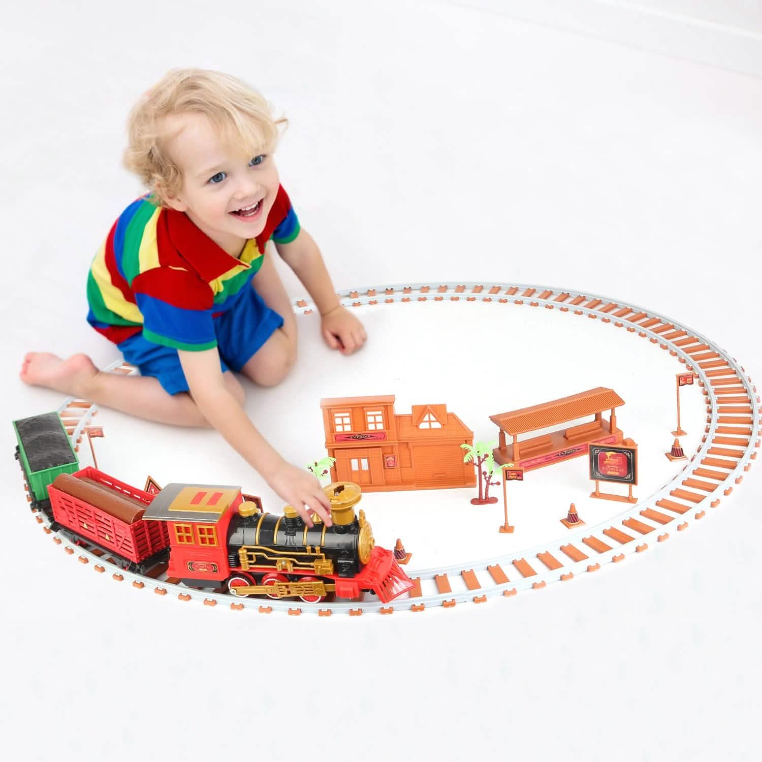 193-Piece: Electric Train Set Steam Locomotive Passenger Coach Coal Car Christmas Train