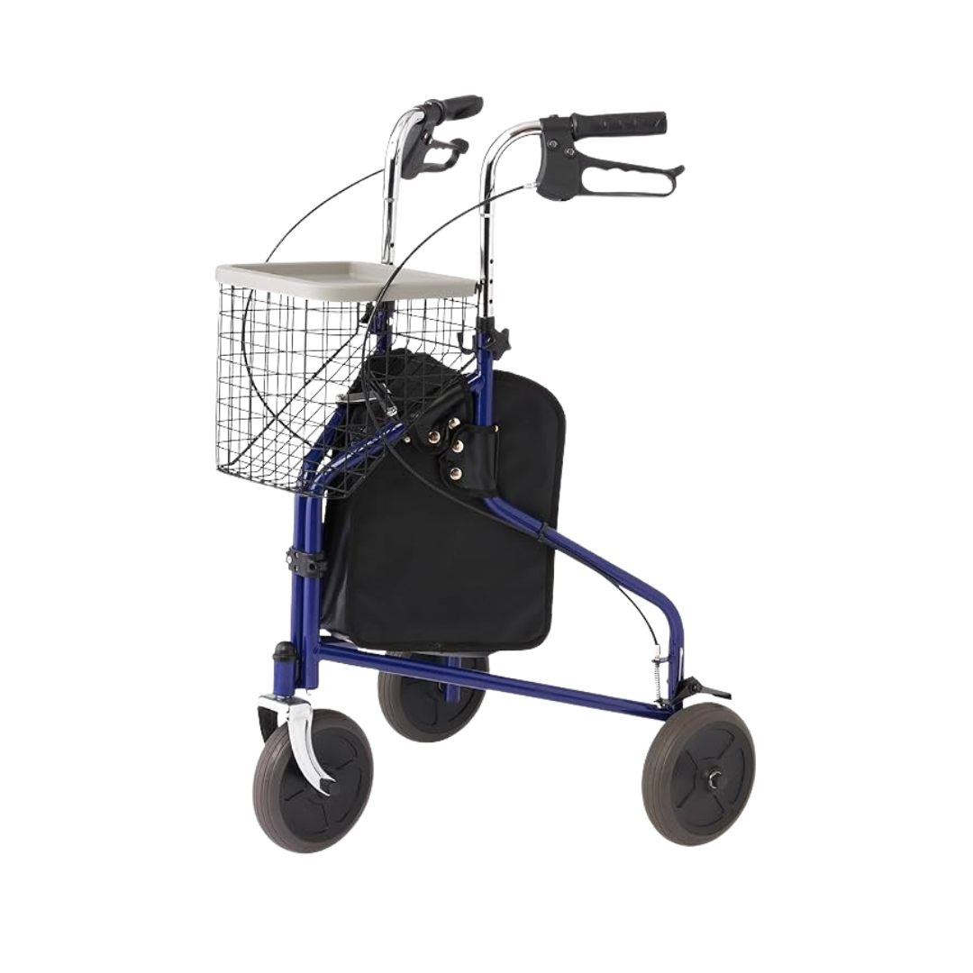 Medline 3-Wheel Rollator Walker with Basket and Tray Blue