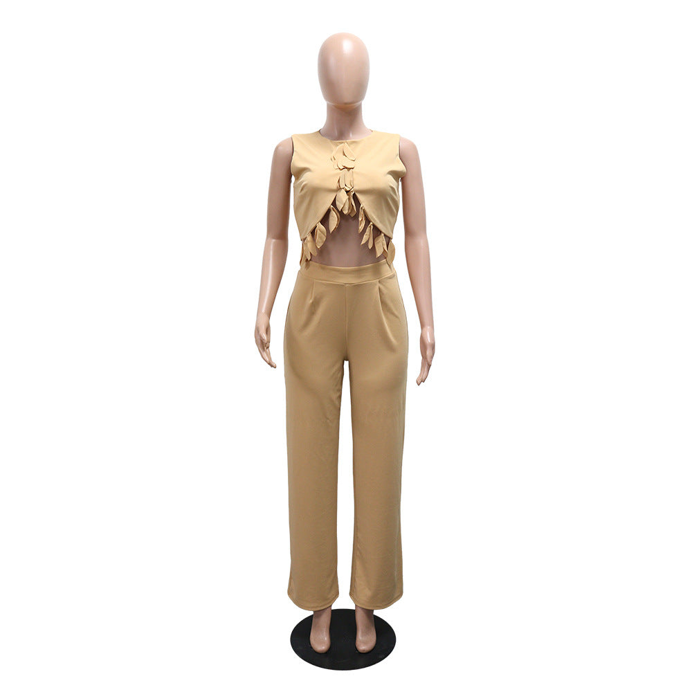 Round Neck Casual Sleeveless Sexy Top with Slim Long Pants Two-Piece Women's Set