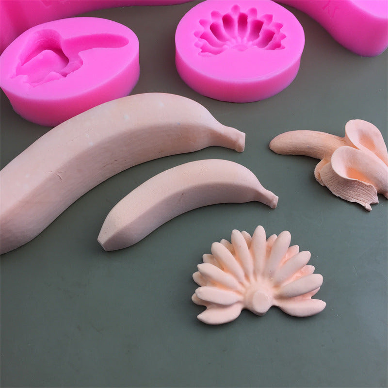 A 3D banana mousse cake with jelly pudding baked and decorated using silicone molds