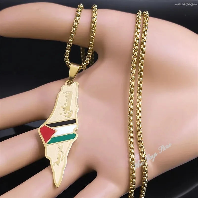 Stainless steel Palestine map necklace for men and women