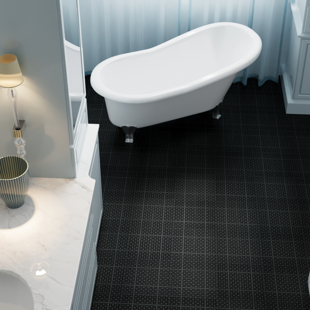 12 x 12 inch black interlocking deck tiles, plastic waterproof, weighing up to 6613 pounds, with a rose pattern pack of 12