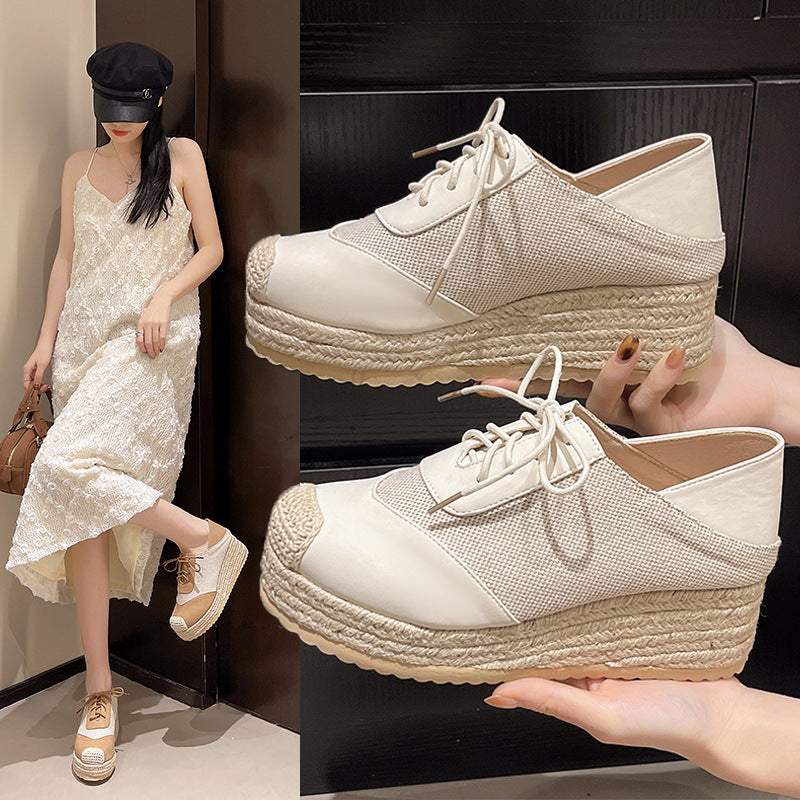 Fisherman's shoes woven grass slope heel women's shoes waterproof front strap high-heeled slope heel fisherman's casual shoes ﻿