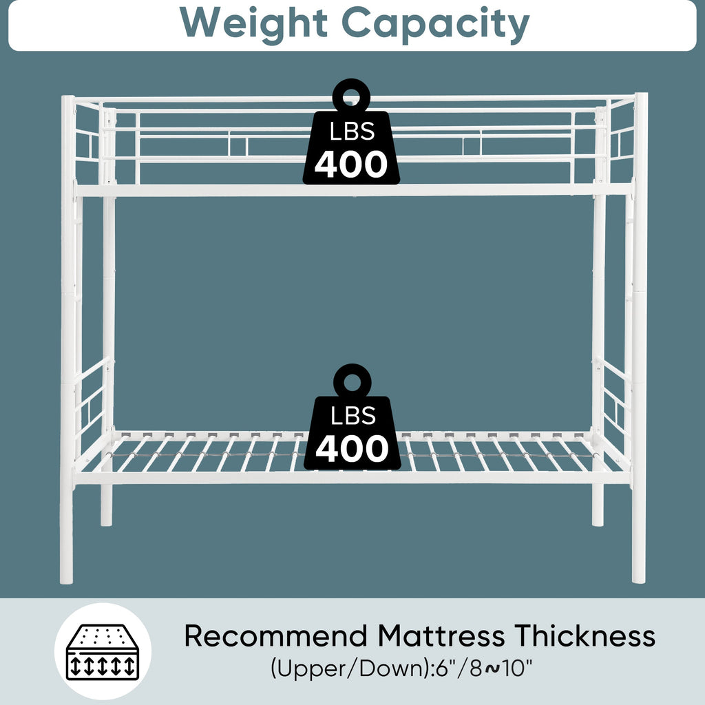 Twin metal bunk beds, metal structure bed frame with safety guardrails and 2 ladders, convertible bunk beds, white