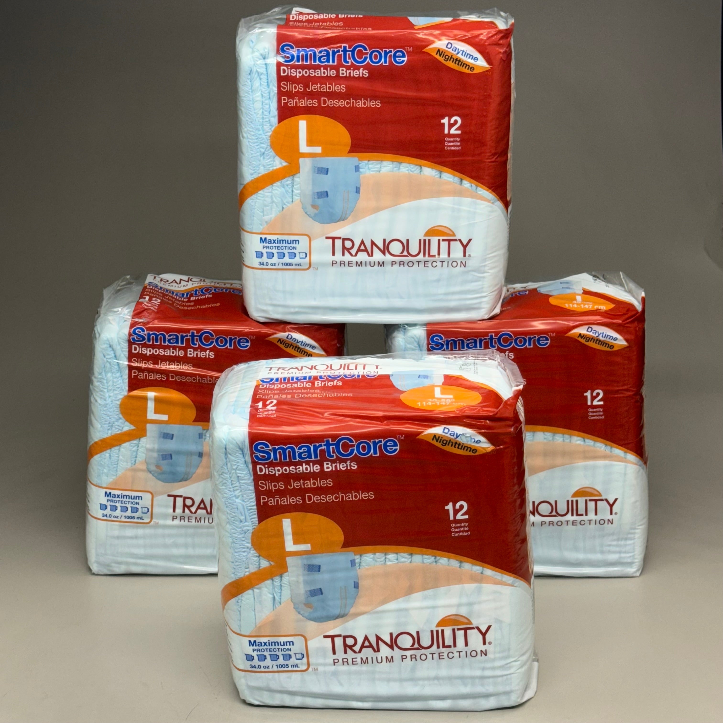 SMARTCORE (4 PK!) of 12 Tranquility Premium Protection Adult Diapers Latex Free Size L