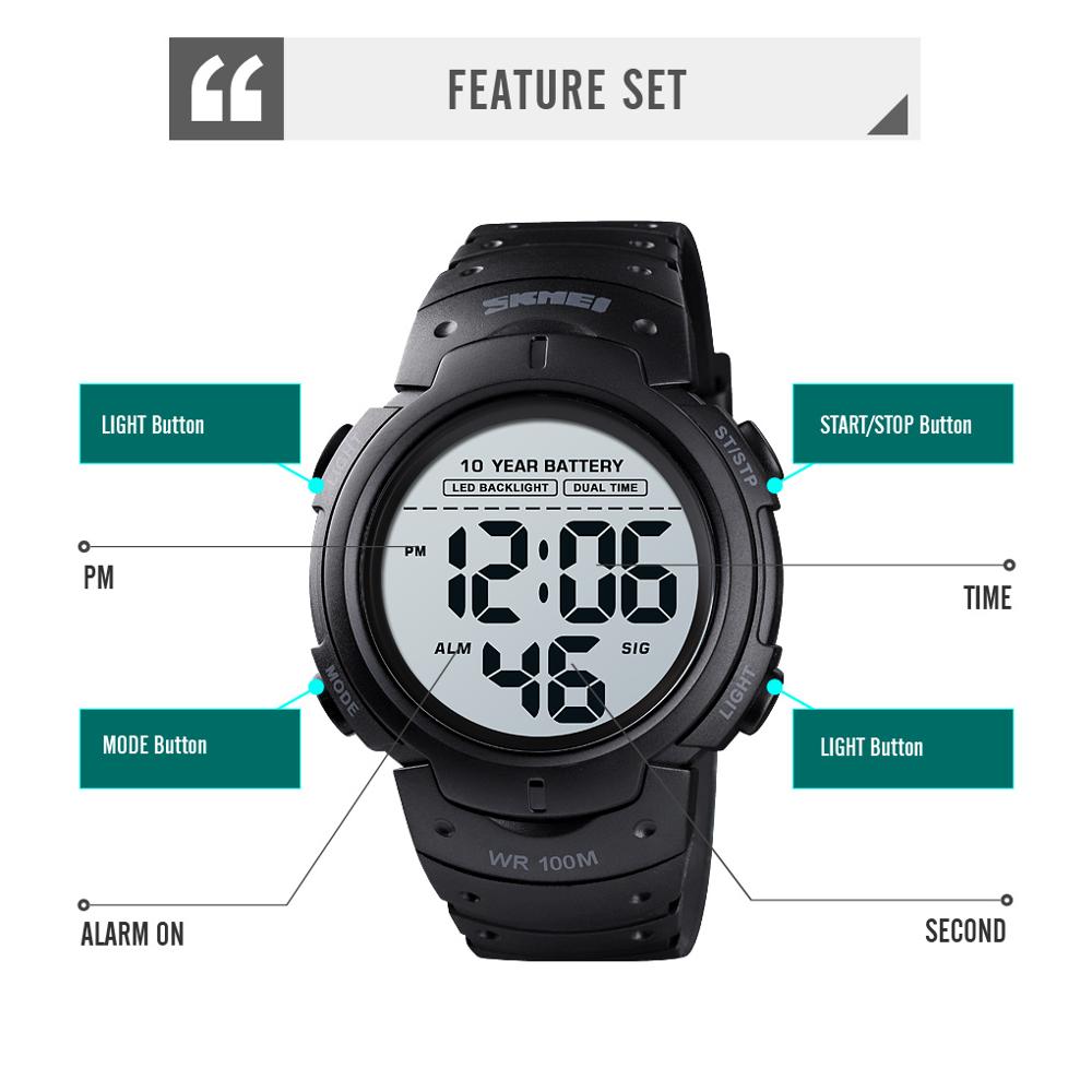 SKMEI 10 Years Battery Men's Watch 100M Waterproof Alarm Clock Sport Watches LED Digital Man Wrist Watch relogio masculino 1560