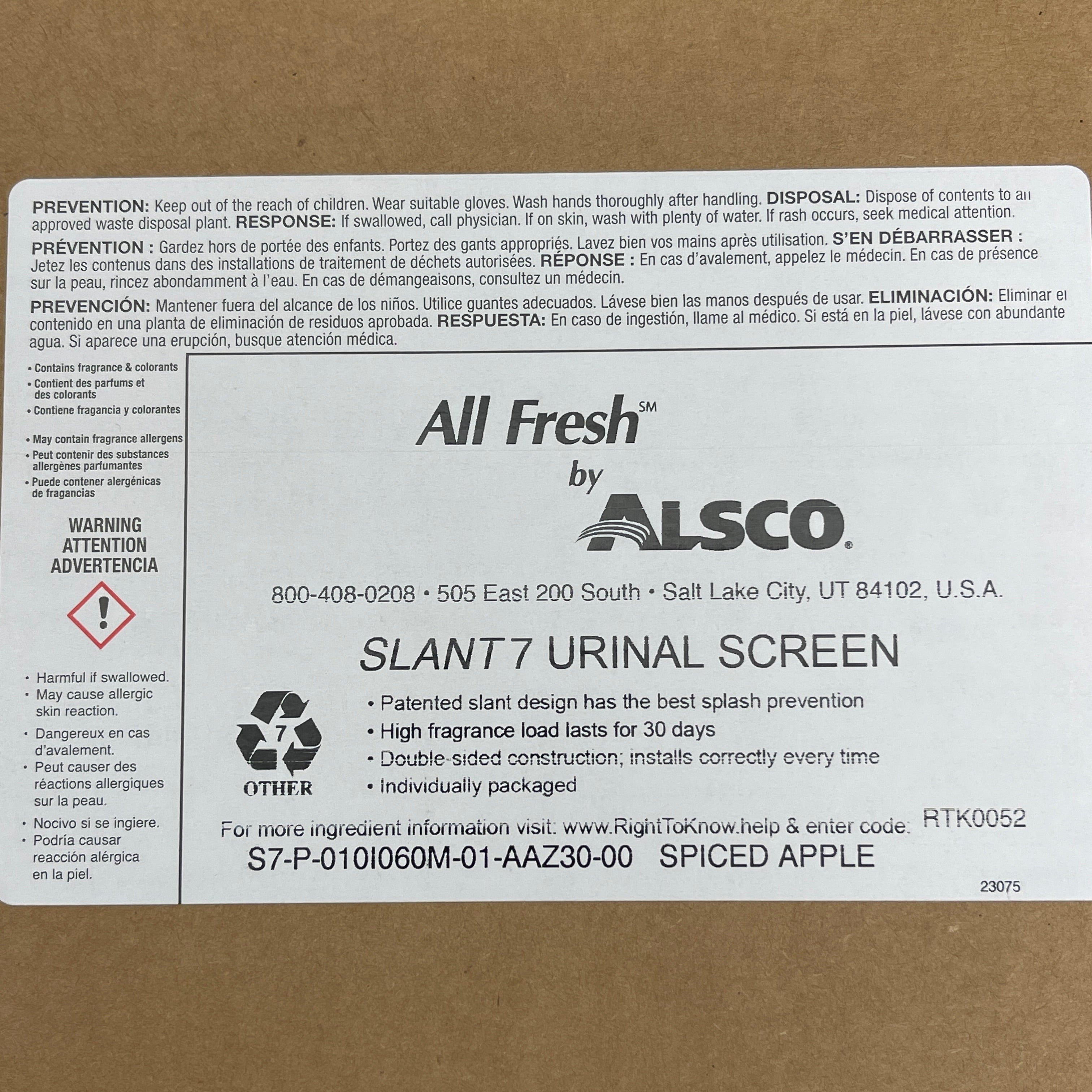 ALSCO 10-PACK! All Fresh Slant7 Urinal Screen Spiced Apple Round 8" Pink RTK0052
