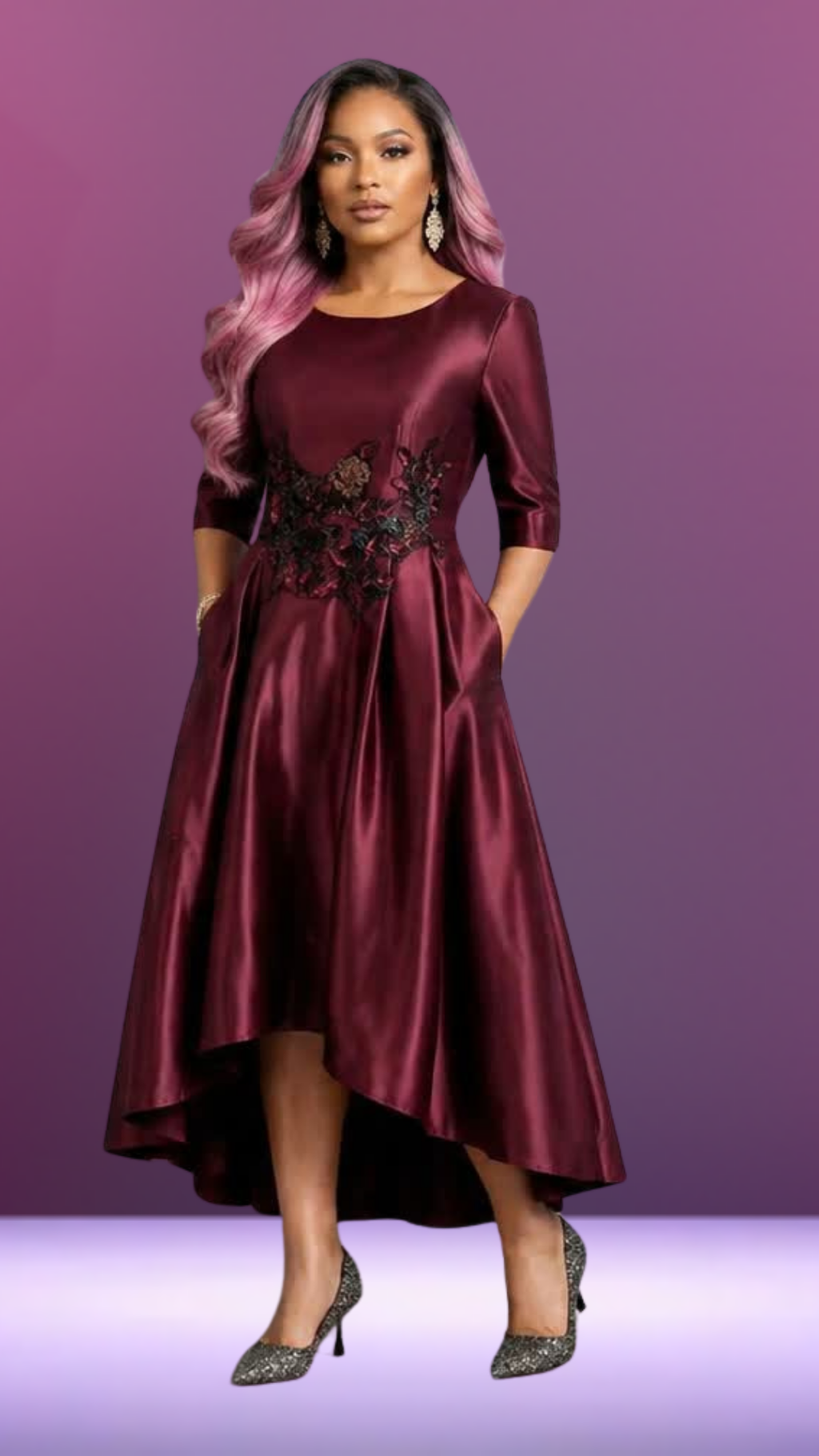 FLIPSTYLEZ LLC. Burgundy Floral Embroidered Satin Gown | Long Evening Spring Maxi Dress for Casual Elegance