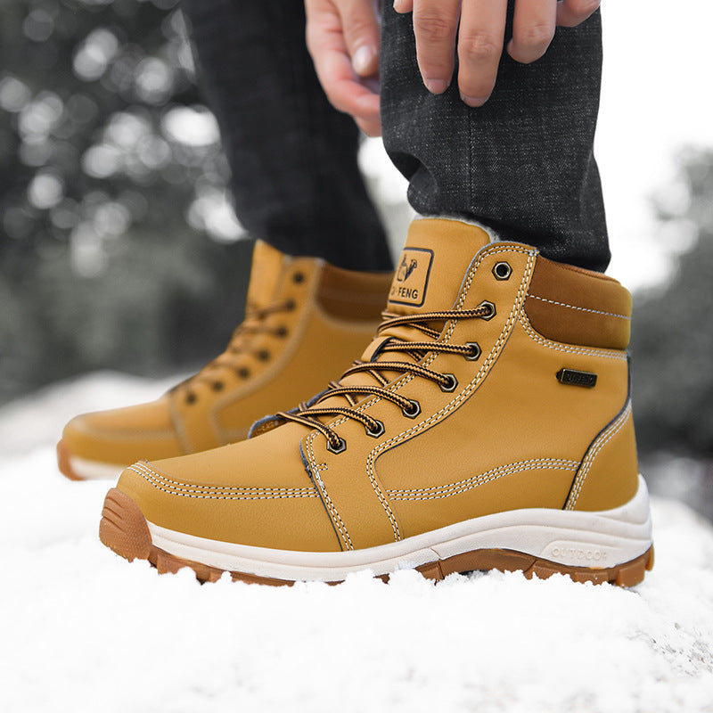 Brown Winter Mens Snow Boots Warm Plush Boots Waterproof Leather Ankle Boots Fashion Outdoor Non-slip Men's Hiking Boots Winter Ankle Snow Hiking Boots Warm Water Resistant Sport Shoes