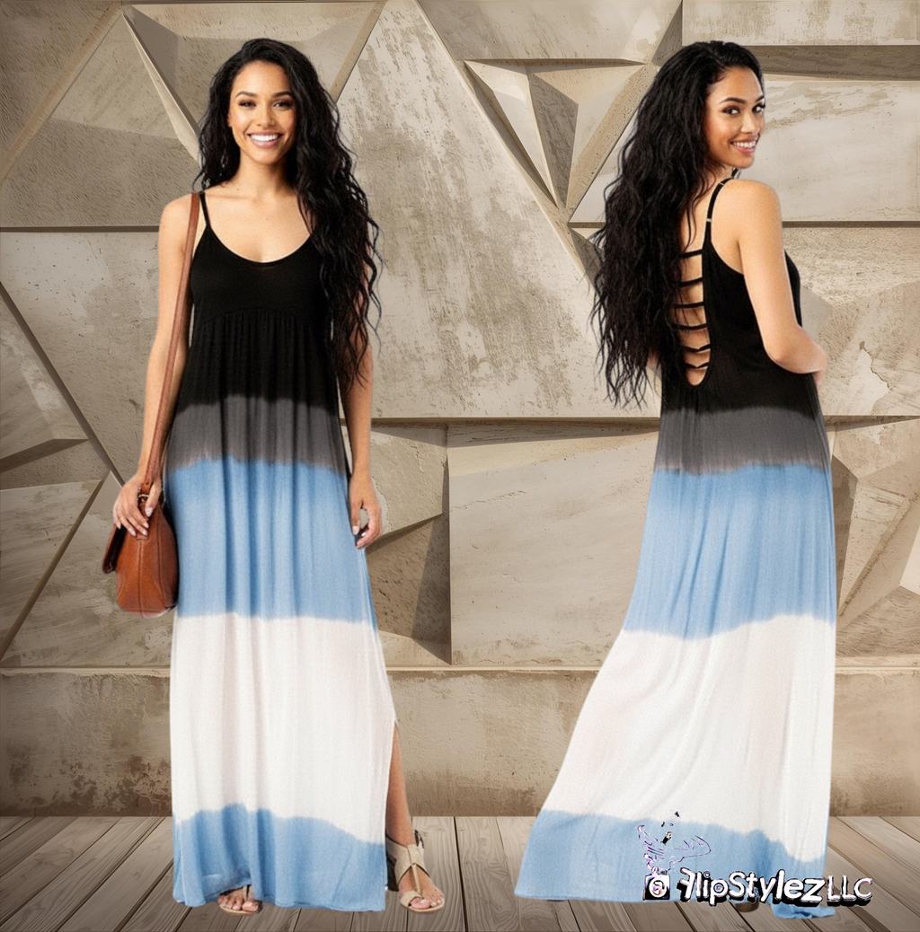 New Blue tie dye pattern Summer Strap Loose Split Vest Dress for women