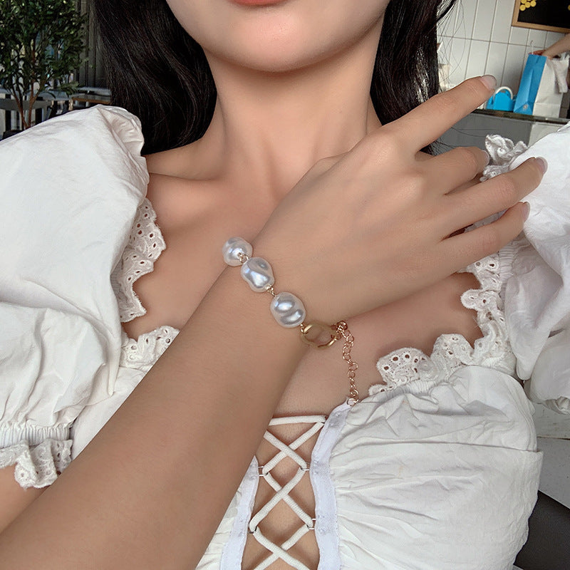 New Handmade Imitation Pearls Gold Metal Link Chain Bracelets for Women Girl Summer Party Luxury Jewelry Gift