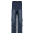 Women's Washed-out Vintage Dark Blue Denim Split Stitching Multi-pocket High Waist Straight All-matching Casual Pants