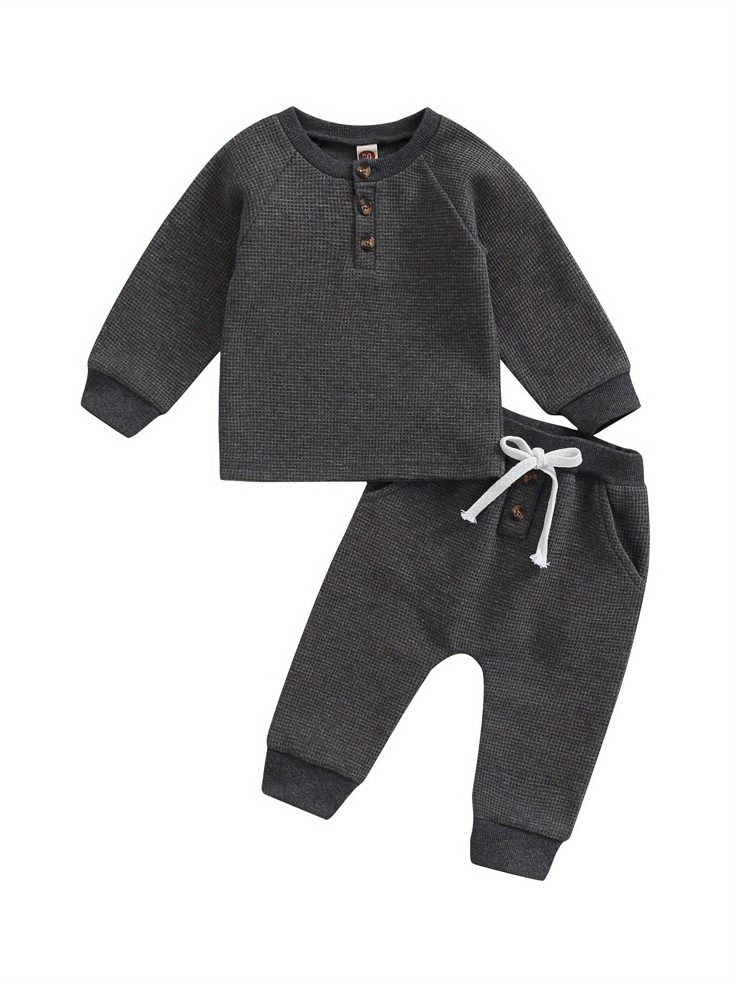 Toddler Thicken Waffle Clothes Set Boy Girls Buttons Round