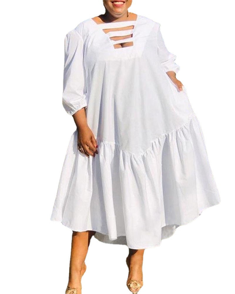 Round Neck White Large Swing Solid Color Plus Size Dress