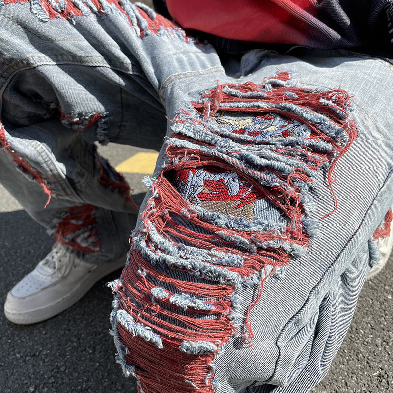 Niche Whisker Ripped Embroidered Jeans