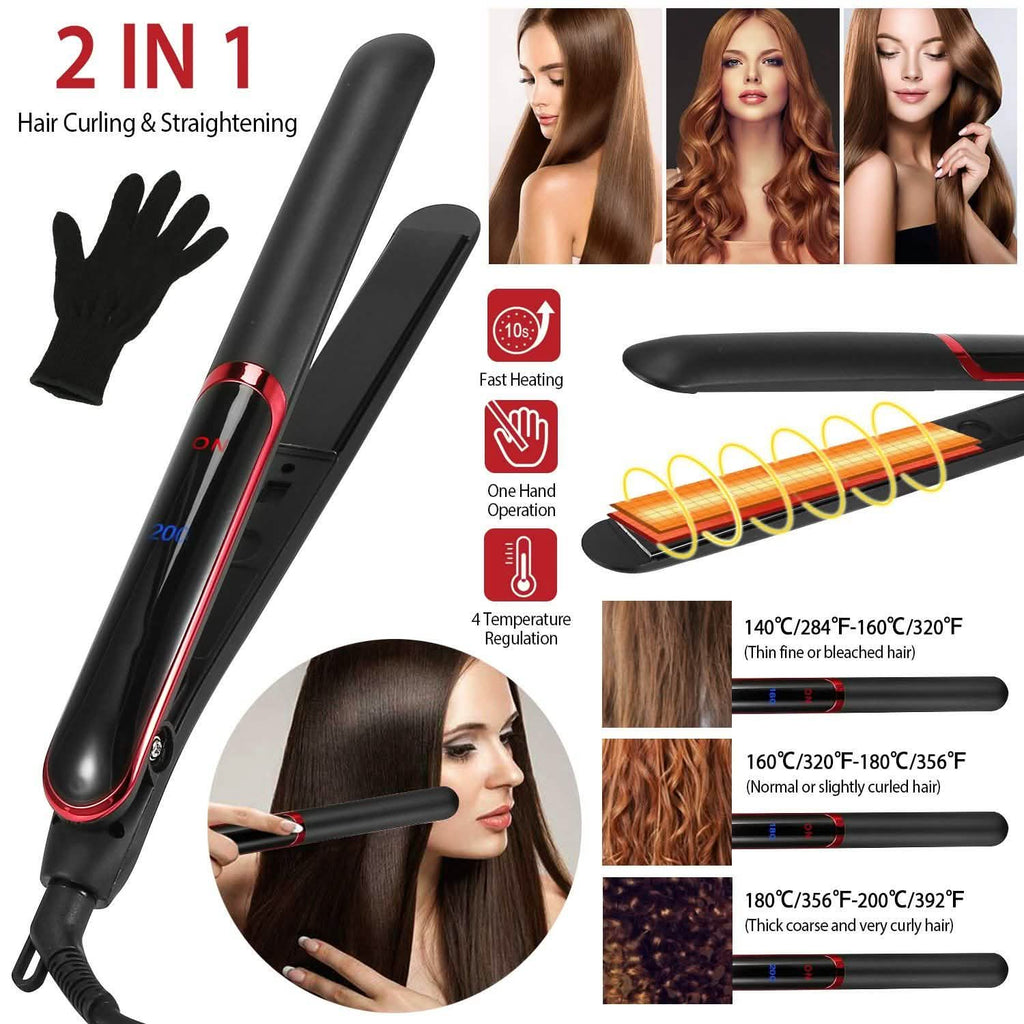 2-in-1 Twist Hair Straightener Ceramic Plate Hair Curler with Temperature Adjust LCD Display
