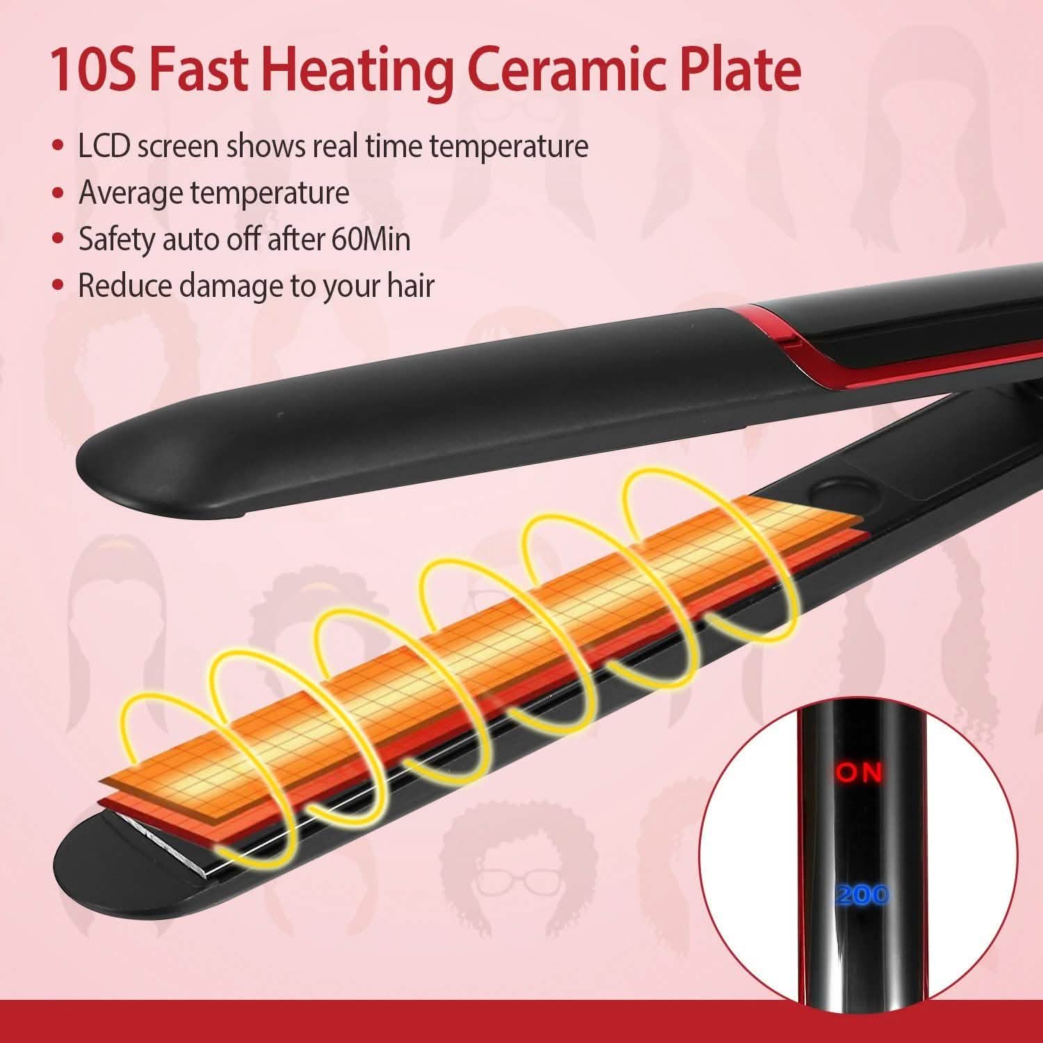 2-in-1 Twist Hair Straightener Ceramic Plate Hair Curler with Temperature Adjust LCD Display