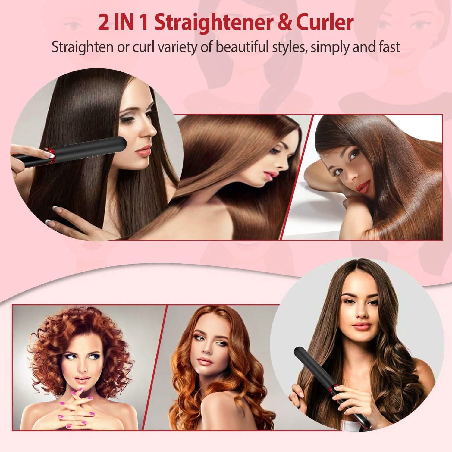 2-in-1 Twist Hair Straightener Ceramic Plate Hair Curler with Temperature Adjust LCD Display