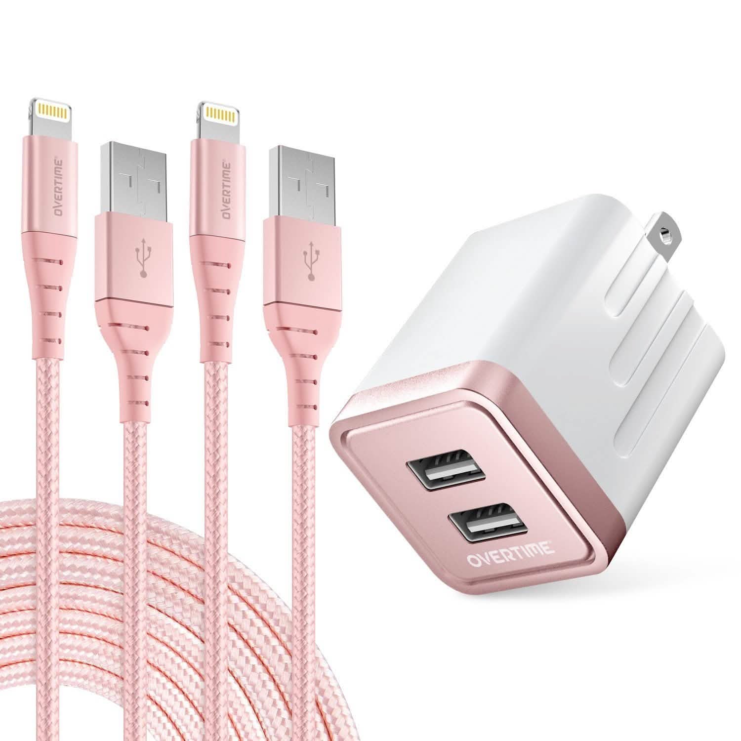 2-Pack: 10ft Overtime iPhone Charger Set with Dual USB Wall Charger Adapter