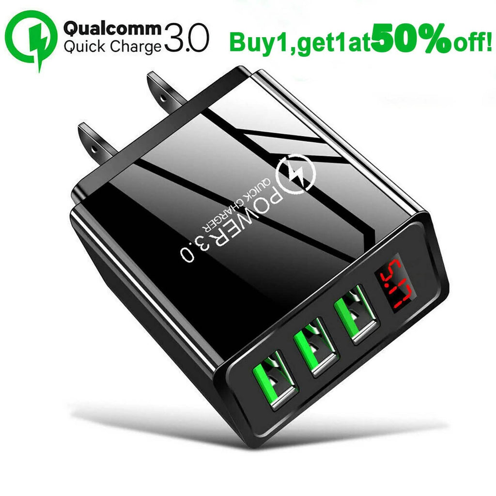 2-Pack: 3 Port LED Fast Quick Charge QC 3.0 USB Hub Display Wall Charger Adapter US Plug