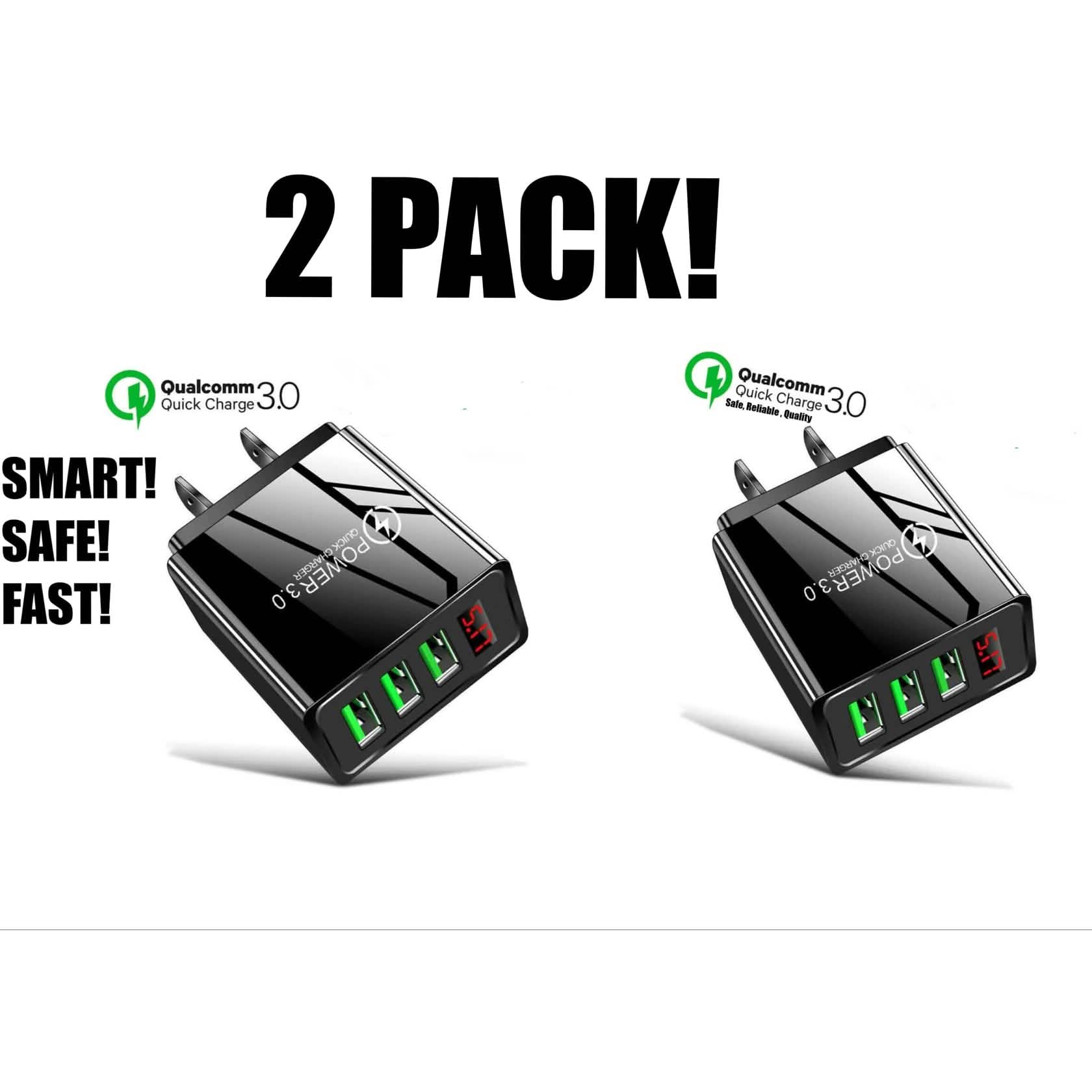2-Pack: 3 Port LED Fast Quick Charge QC 3.0 USB Hub Display Wall Charger Adapter US Plug