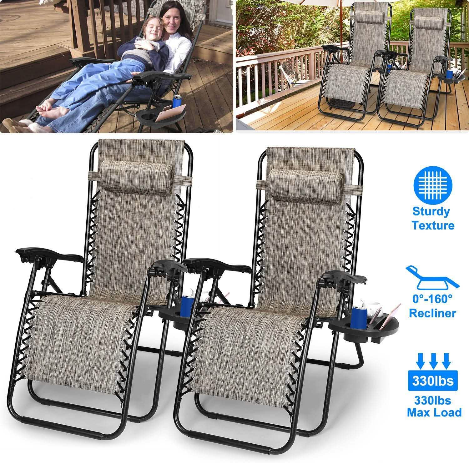 2-Pack: Foldable Zero Gravity Lounge Chair with Dual Side Tray