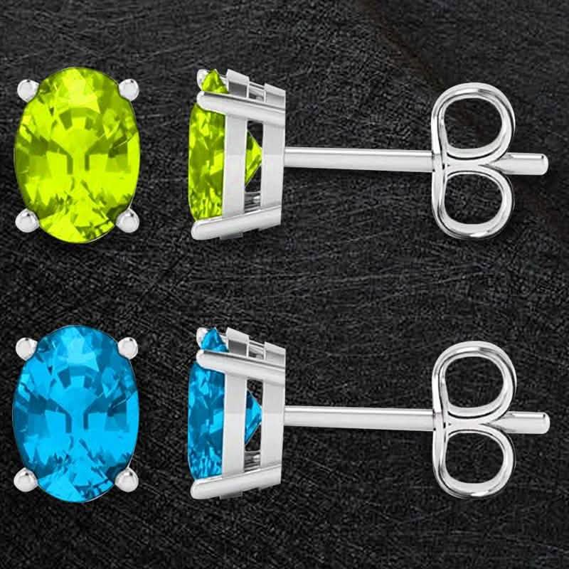 2-Pack: Genuine Gemstone Oval Sterling Silver Studs