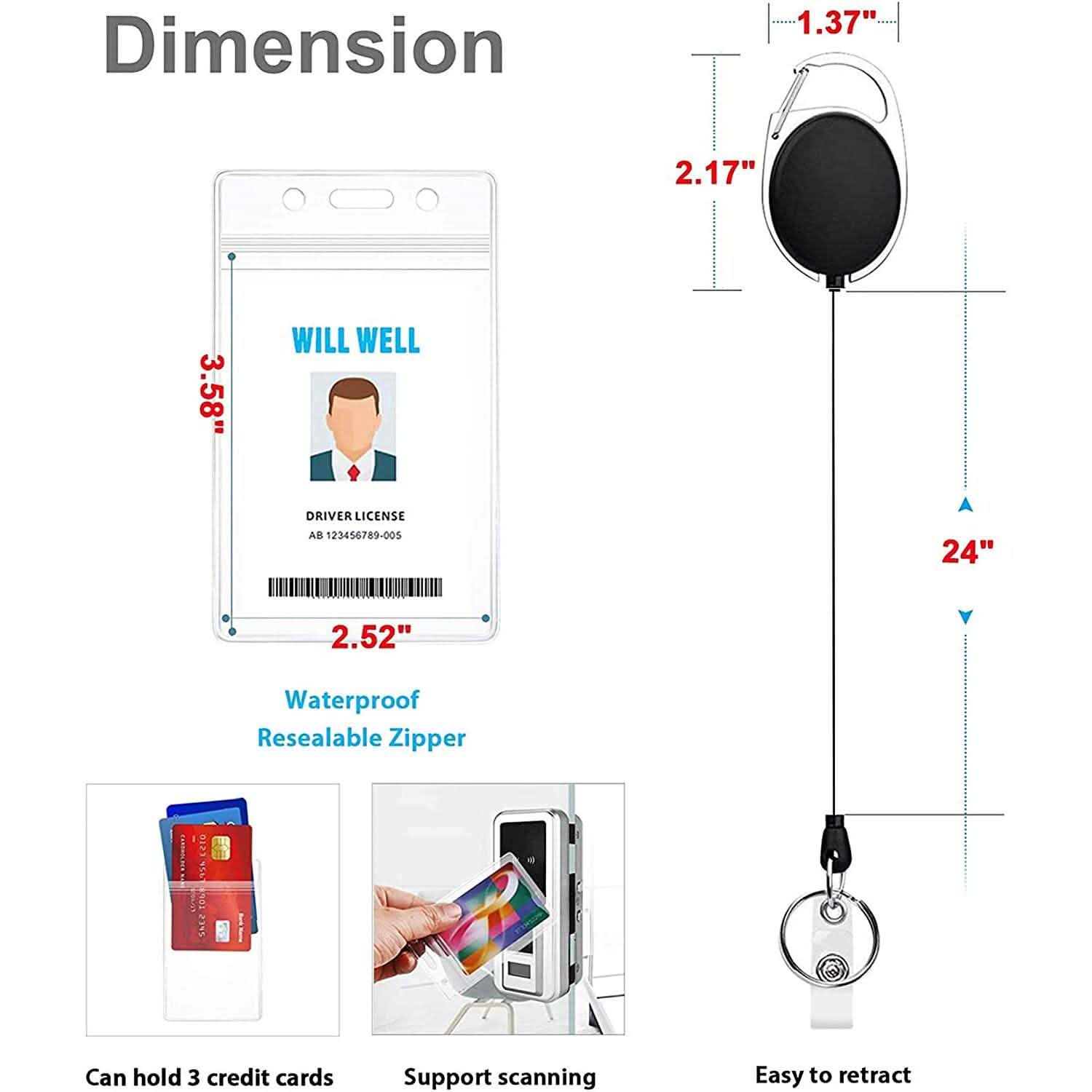 2-Pack: Heavy Duty Retractable Badge Holders with Carabiner Reel Clip and Vertical Style Clear ID Card Holders