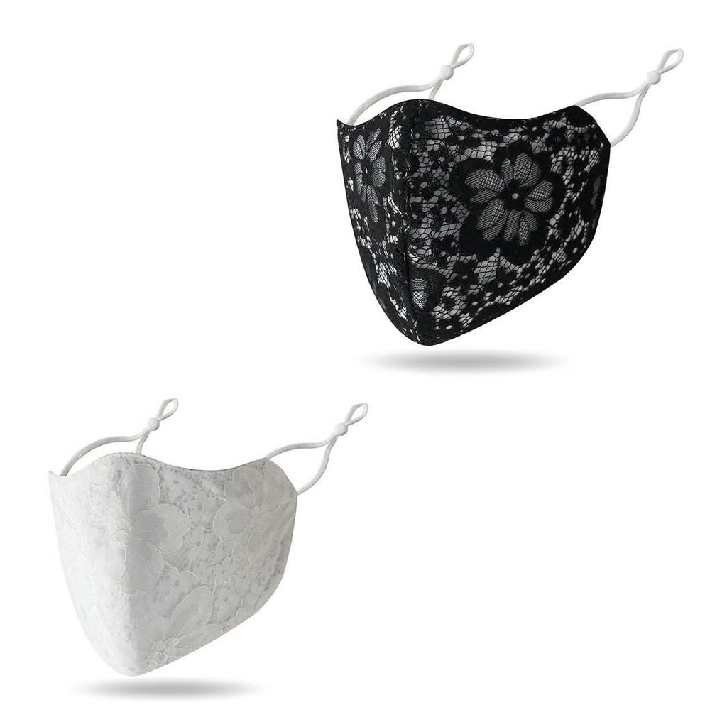 2-Pack: Reusable Washable Fitted Black and White Lace Face Mask